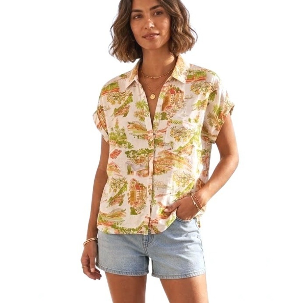 Cynthia Rowley 100% Linen Coastal Scenic Print Button Down Camp Shirt Womens L